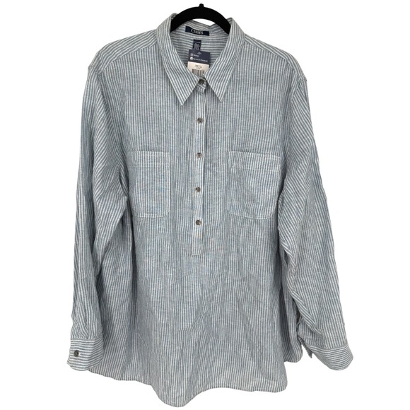 Chaps Tops - NWT Chaps Womens Cobble Ave Blue White Striped Linen Cotton Henley Shirt Size 3X